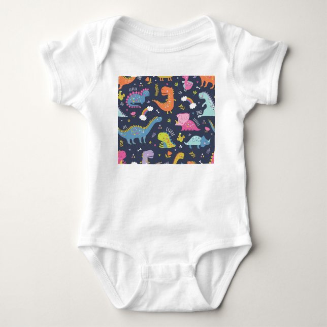Kids Dinosaurs: Colourful Vintage Pattern Baby Bodysuit (Front)
