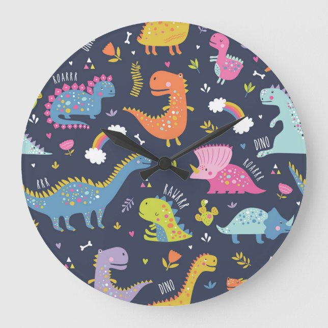 Kids Dinosaurs: Colourful Vintage Pattern Large Clock (Front)