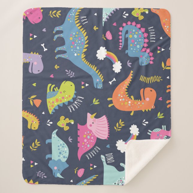 Kids Dinosaurs: Colourful Vintage Pattern Sherpa Blanket (Front)