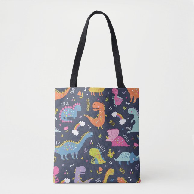 Kids Dinosaurs: Colourful Vintage Pattern Tote Bag (Front)