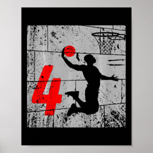 Kids Distressed 4 Year Old 4th Basketball Birthday Poster