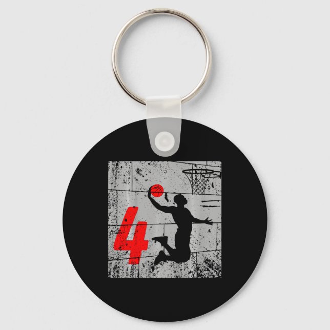 Kids Distressed 4 Year Old 4th Bysketbyll Birthday Key Ring (Front)