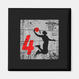 Kids Distressed 4 Year Old 4th Bysketbyll Birthday Magnet