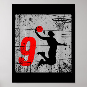 Kids Distressed 9 Year Old 9th Bysketbyll Birthday Poster