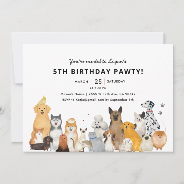 Kids Dog Puppy 5thPawty Birthday Party  Invitation (Front)