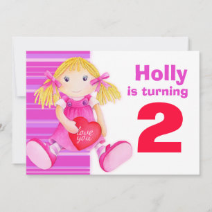 Kids doll 2nd birthday pink birthday invite