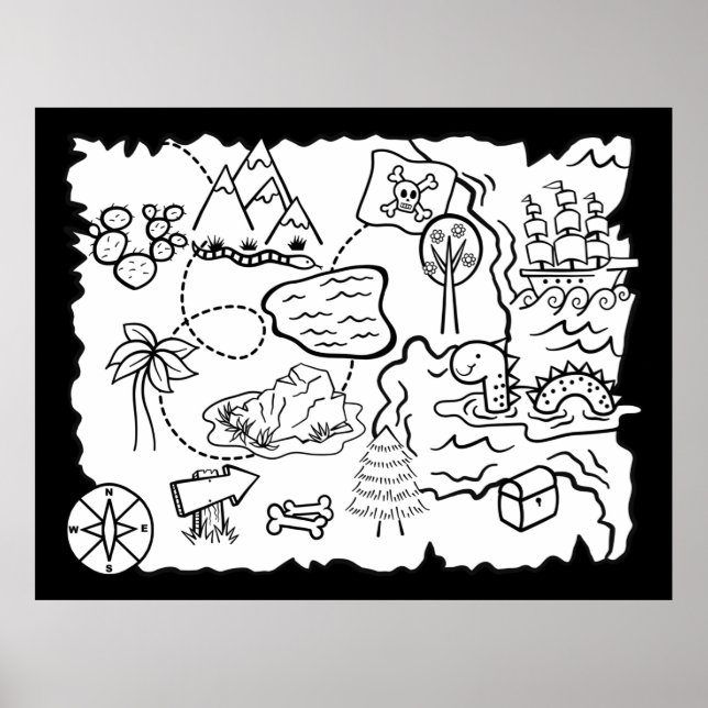 Kids Doodle Treasure Map Colouring Page Poster (Front)