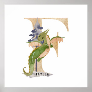Kids Dragon Custom Name Monogram F Nursery Room Poster