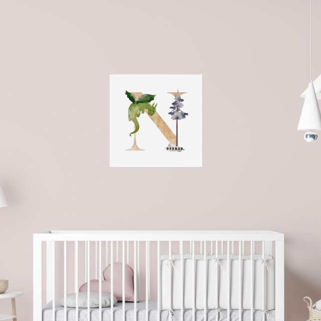 Kids Dragon Custom Name Monogram N Nursery Room Poster (Nursery 2)