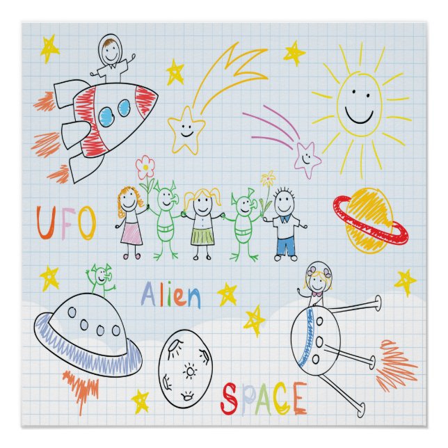 Kids drawing,space,aliens,universe,cute,kid,kawai, poster (Front)