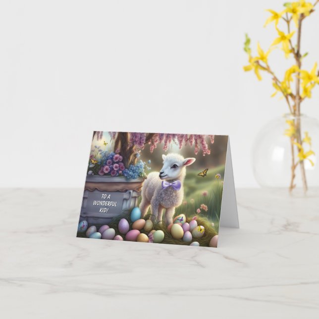 Kids Easter with Cute Lamb Eggs Flowers Card (Yellow Flower)