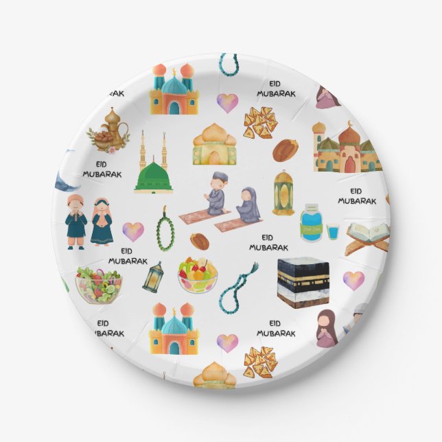 Kids Eid Mubarak Paper Plates – Colourful Islamic  (Front)