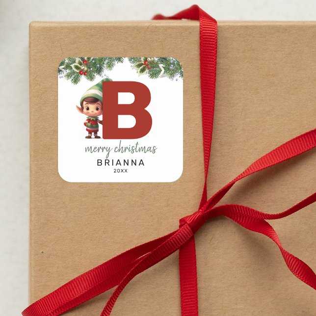 Kids Elf Initial B Christmas Square Sticker (Creator Uploaded)