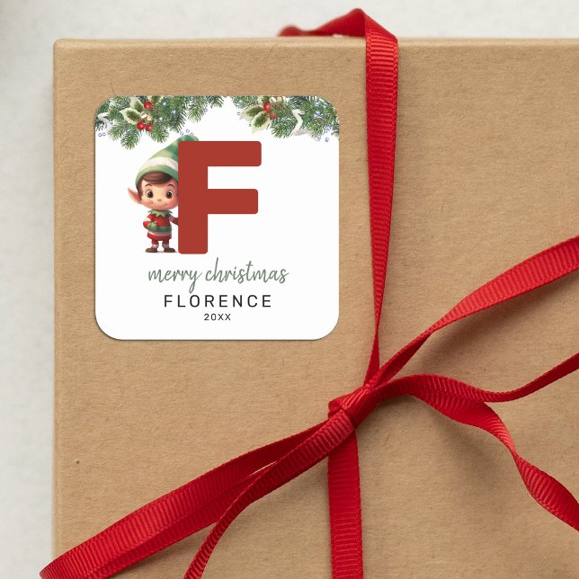 Kids Elf Initial F Christmas Square Sticker (Creator Uploaded)