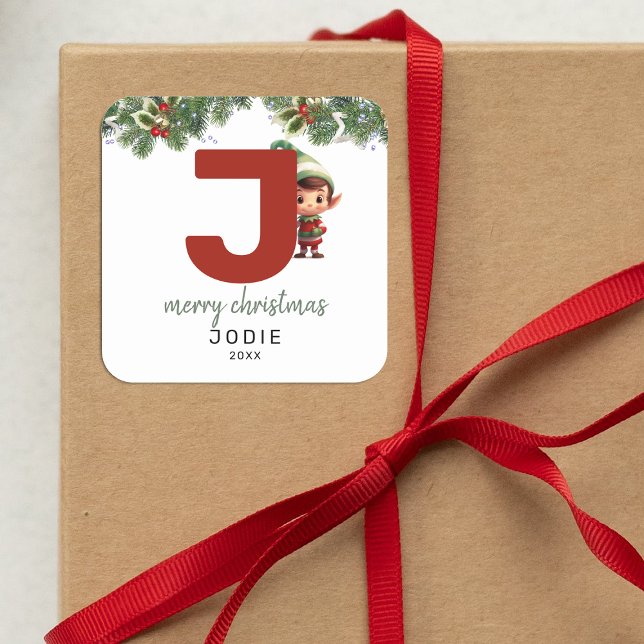 Kids Elf Initial J Christmas Square Sticker (Creator Uploaded)