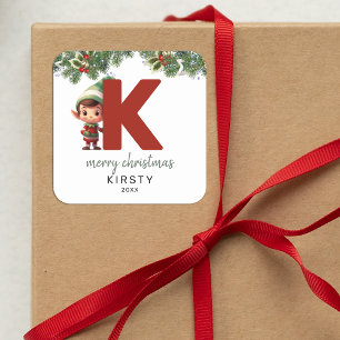 Kids Elf Initial K Christmas Square Sticker
