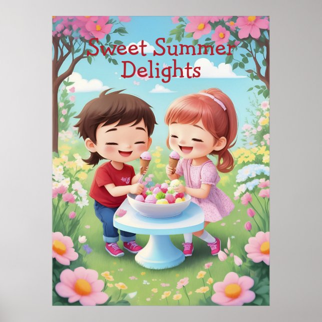 Kids Enjoying Ice-Cream in Garden AI Generative  Poster (Front)
