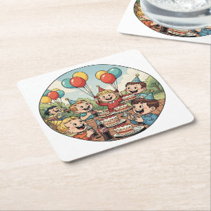 Kids Enjoying their Cakes, Sodas and Balloons Square Paper Coaster