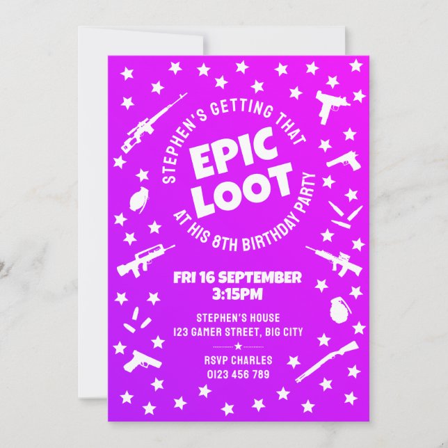 Kids Epic Loot Purple Gamer Birthday Party Invitation (Front)