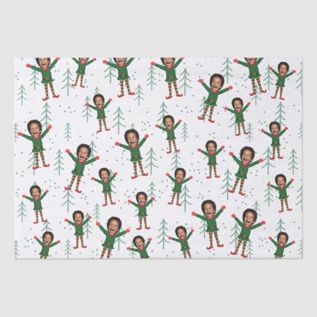 Kid's Face & Name Elf Christmas Funny Pattern Tissue Paper (Front)