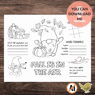 Kids Fall Activity Colouring Printable Placemat Poster