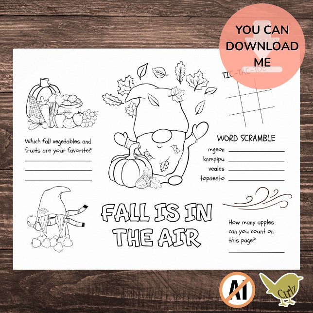 Kids Fall Activity Colouring Printable Placemat Poster (Fall kids coloring placemat instant download is convenient and perfect for when time is short.)