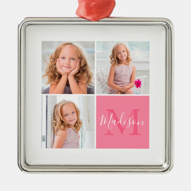 Kids Family Square Photo Monogram Christmas Metal Tree Decoration (Front)