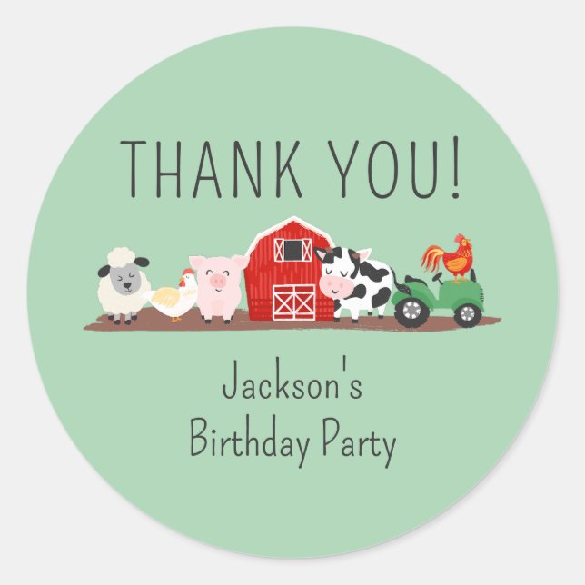 Kids Farm Animal Birthday Party Thank You Classic Round Sticker (Front)