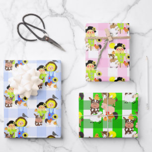 Kids Farm Animals Scarecrows Gingham Plaid Cute Wrapping Paper Sheet