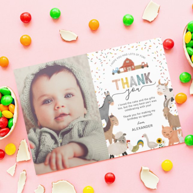Kids Farm Themed Birthday Photo Thank You Card (Creator Uploaded)