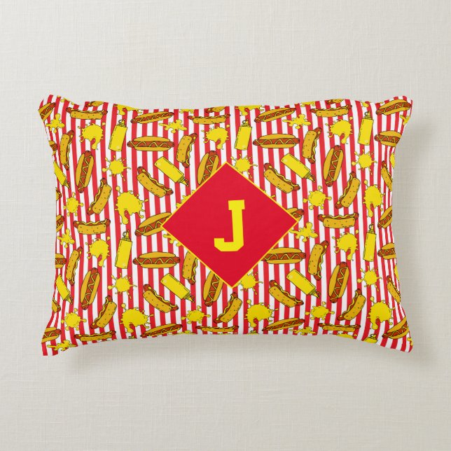 Kids Fast Food Hot Dogs and Mustard Red Striped Decorative Cushion (Front)