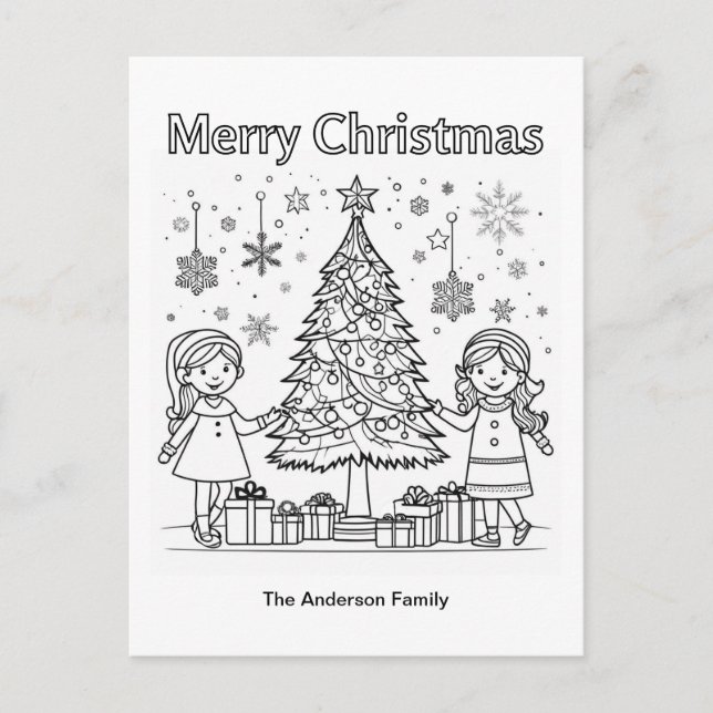 Kids Festive Colouring Picture Tree Merry Christma Postcard (Front)