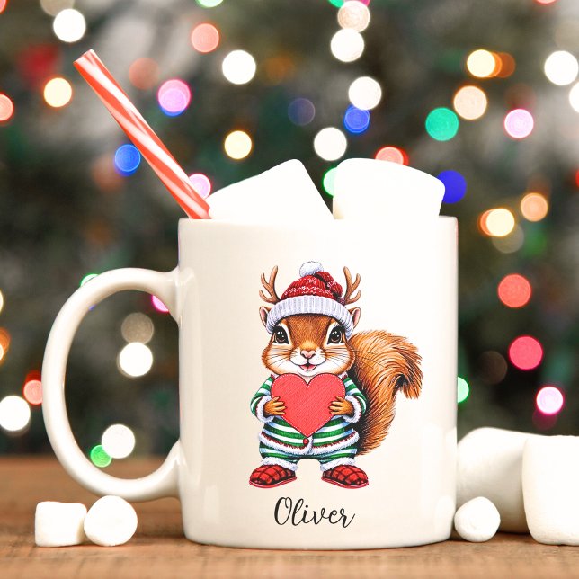 Kids Festive Squirrel Christmas Mug (Merry Christmas reindeer squirrel, custom mug. )