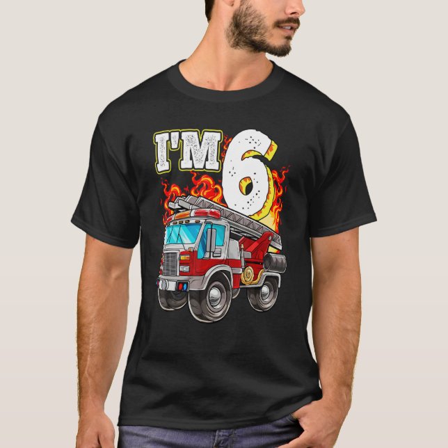 Kids Fire Truck 6th Birthday Boy Firefighter 6 Yea T-Shirt (Front)