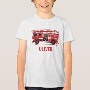 Kids' Fire Truck Red Silhouette Personalised Tri-Blend Shirt