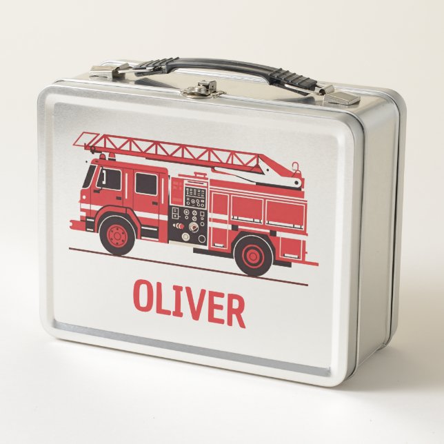 Kids' Fire Truck Silhouette Personalised Metal Lunch Box (Front)