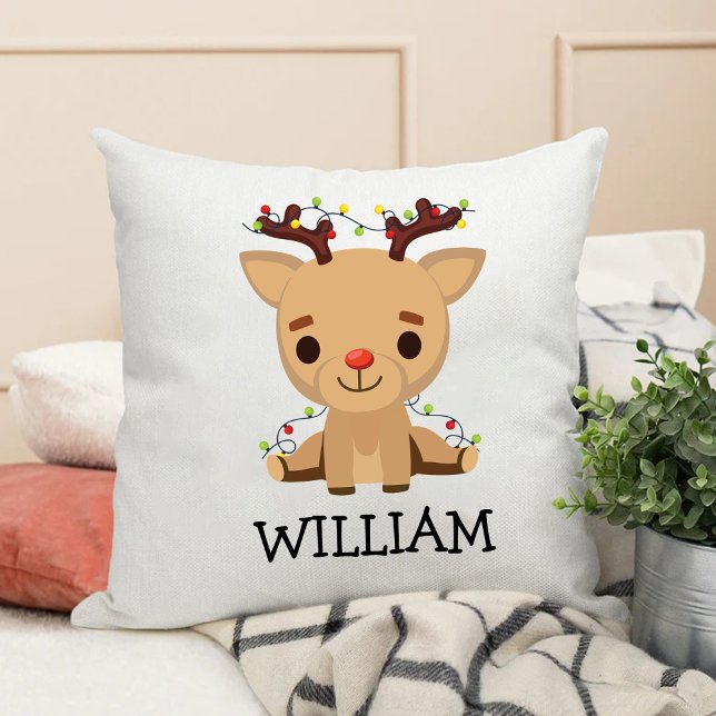 Kids First Christmas Cute Reindeer Name Cushion (Kids First Christmas Cute Reindeer Name Throw Pillow)