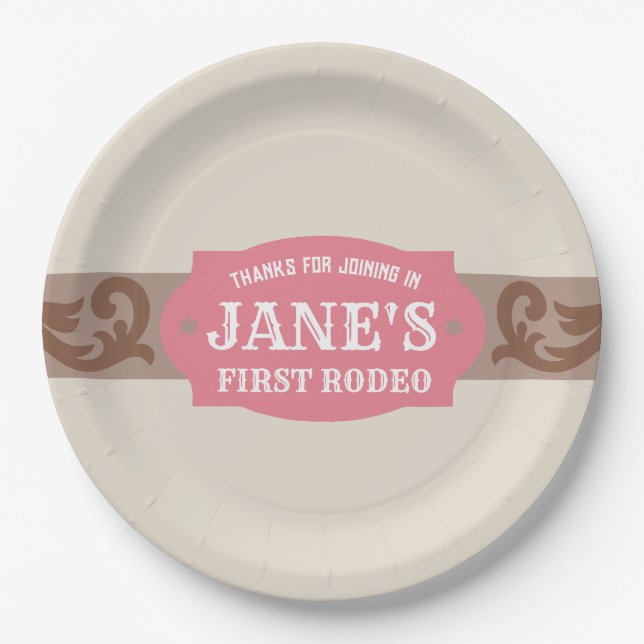 Kids FIrst Rodeo Pink/Brown Western Birthday  Paper Plate (Front)