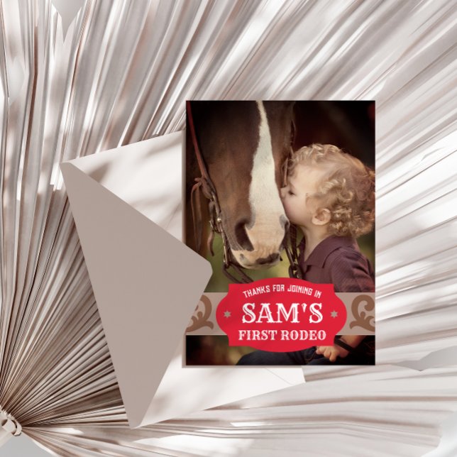 Kids FIrst Rodeo Red/Brown Western Photo Thank You Card (Creator Uploaded)