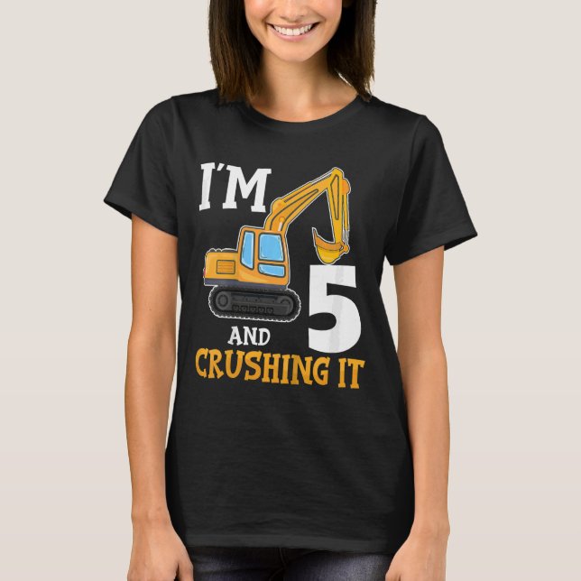 Kids Five 5yr 5th Birthday Digger Boy Construction T-Shirt (Front)