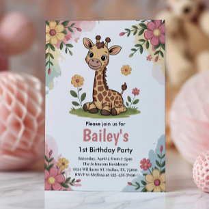 Kids Floral Giraffe Jungle 1st Birthday Party Invitation