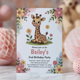 Kids Floral Giraffe Jungle 2nd Birthday Party Invitation