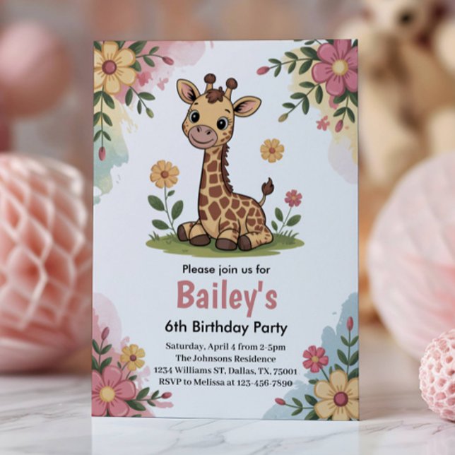 Kids Floral Giraffe Jungle 6th Birthday Party Invitation (Creator Uploaded)