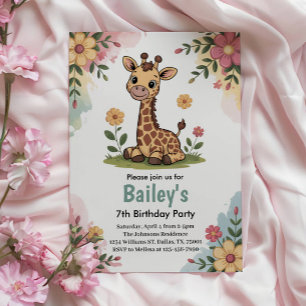 Kids Floral Giraffe Jungle Birthday Party Invitation