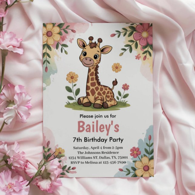 Kids Floral Giraffe Jungle Birthday Party Invitation (Creator Uploaded)