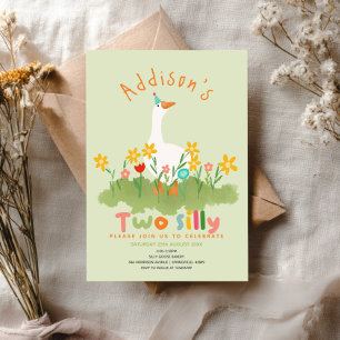 Kids Floral Green Two Silly Goose 2nd Birthday Invitation