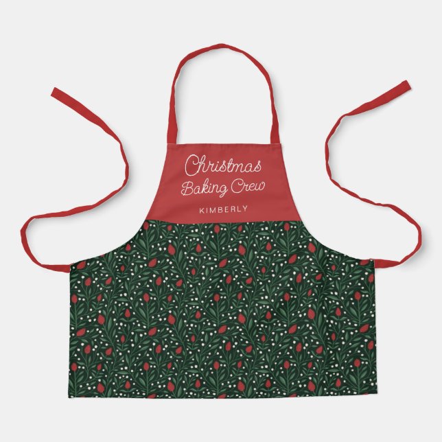 Kids Floral Pattern Christmas Baking Crew | Name  Apron (Front)