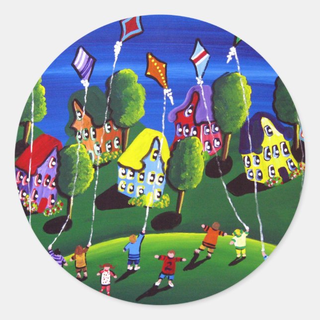 Kids Flying Kites Folk Art Classic Round Sticker (Front)
