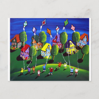 Kids Flying Kites Folk Art Postcard