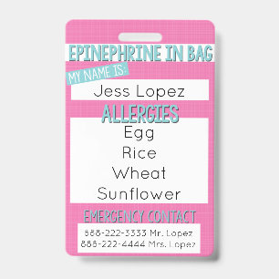 Kids Food Allergy Medical Alert Tag - Badge ID Badge